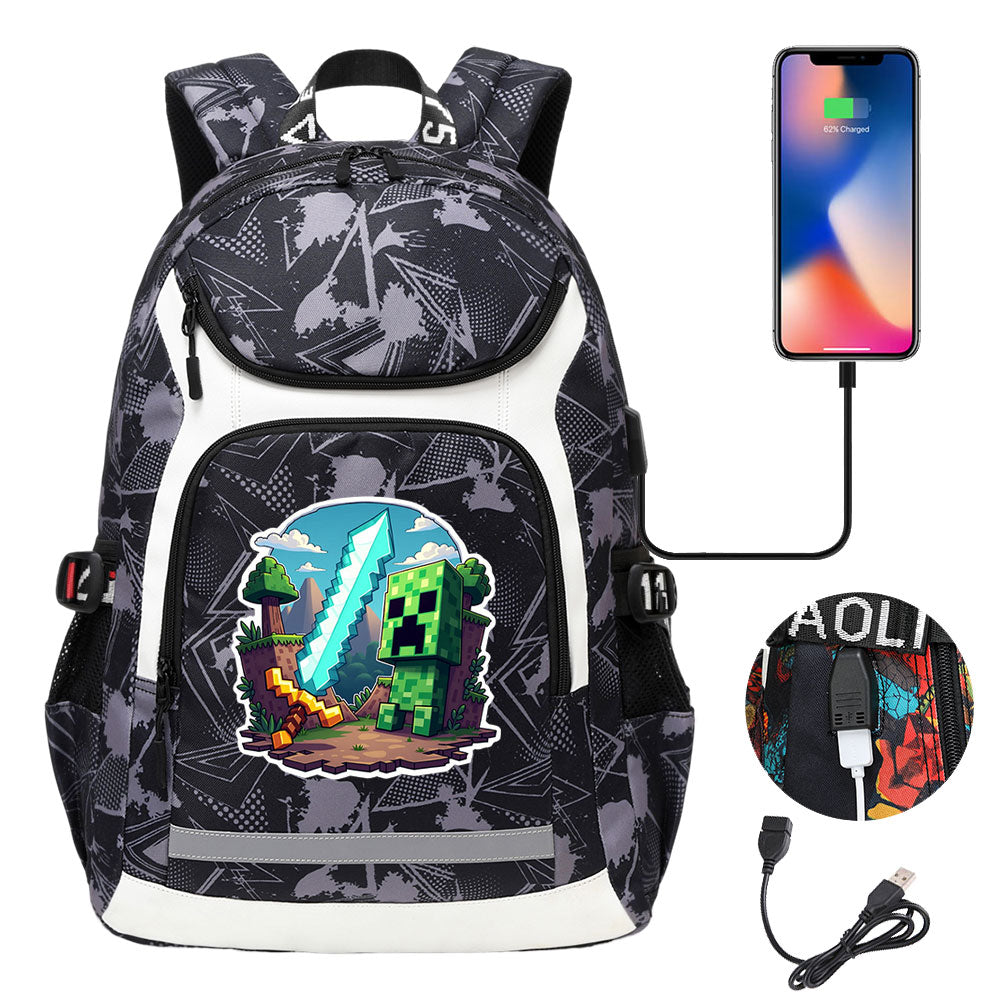Minecraft Creeper USB Charging Backpack School Notebook Travel Bags