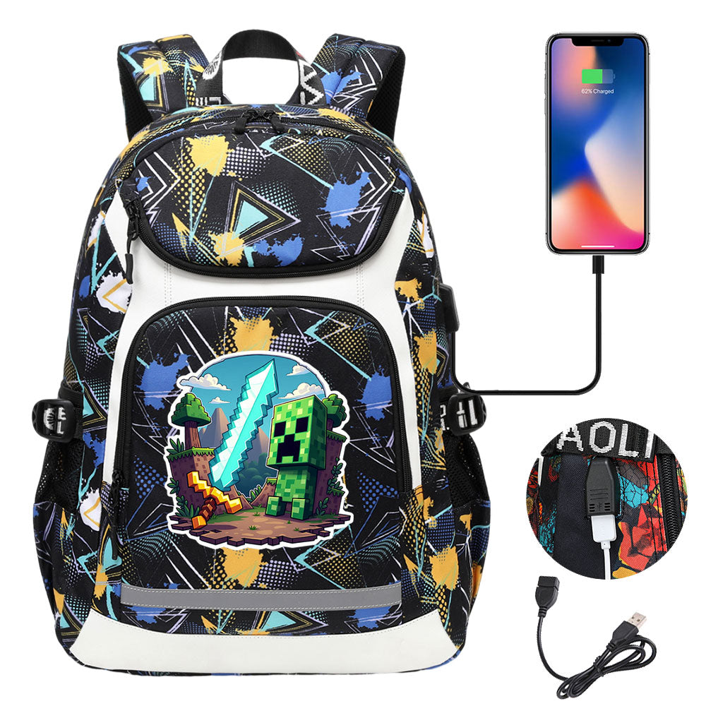 Minecraft Creeper USB Charging Backpack School Notebook Travel Bags