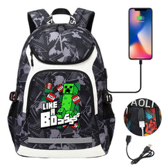 Minecraft Creeper USB Charging Backpack School Notebook Travel Bags