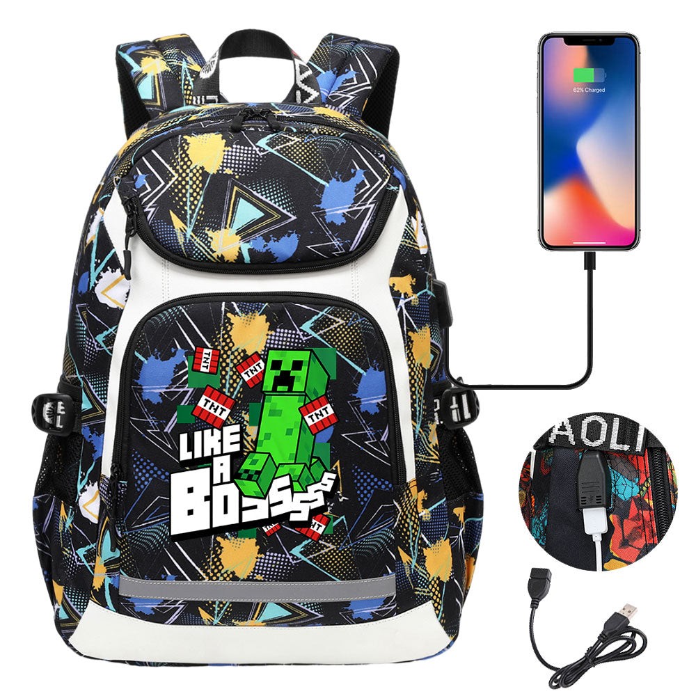 Minecraft Creeper USB Charging Backpack School Notebook Travel Bags