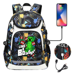 Minecraft Creeper USB Charging Backpack School Notebook Travel Bags