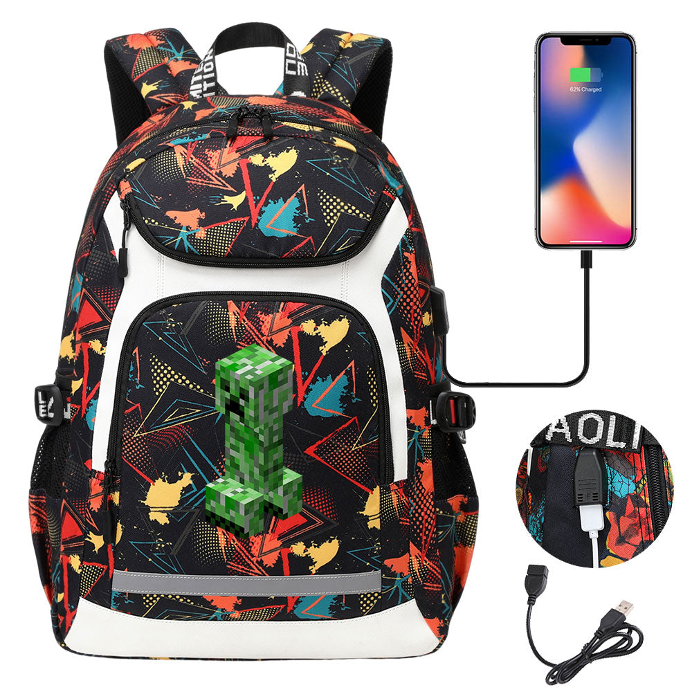 Minecraft Creeper USB Charging Backpack School Notebook Travel Bags