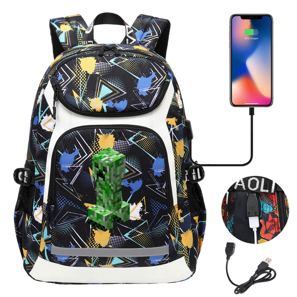 Minecraft Creeper USB Charging Backpack School Notebook Travel Bags