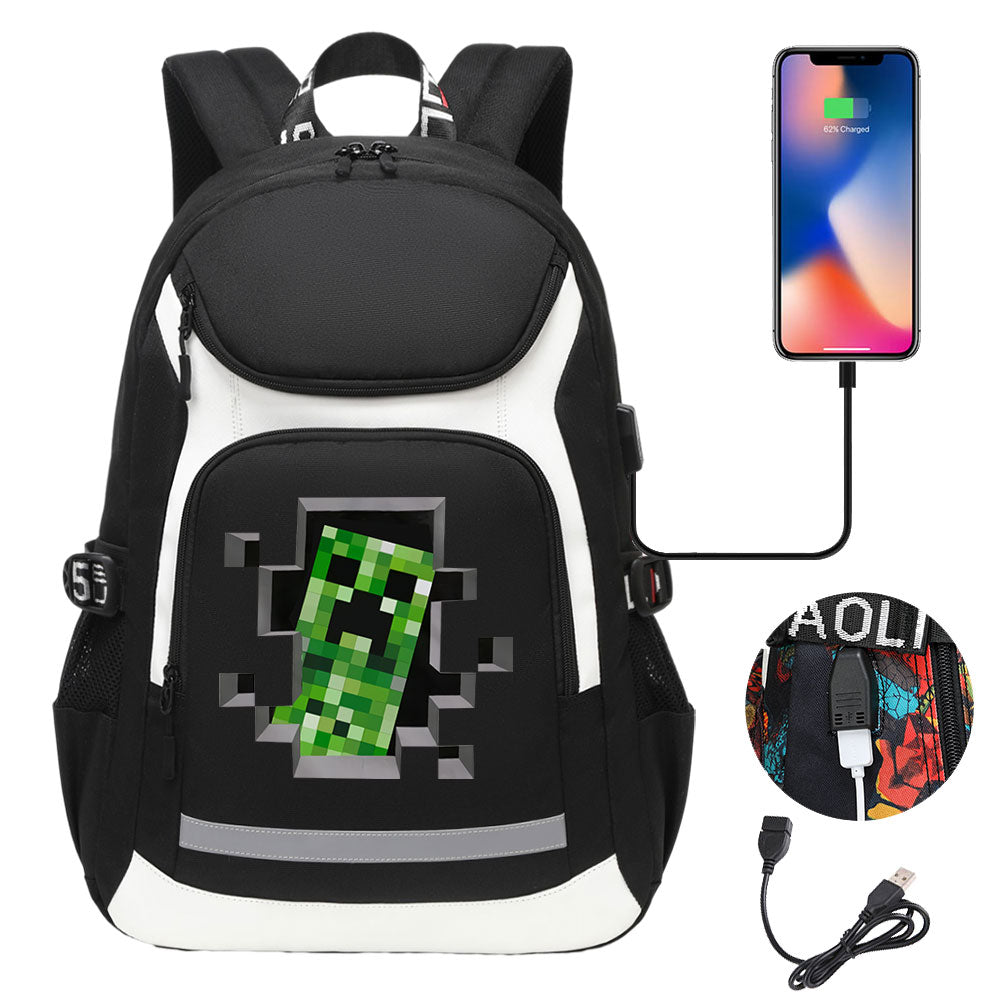 Minecraft Creeper USB Charging Backpack School Notebook Travel Bags