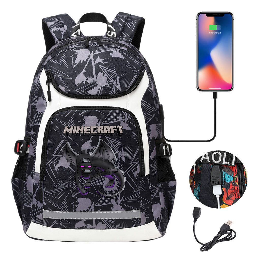 Minecraft EnderDragon USB Charging Backpack School Notebook Travel Bags