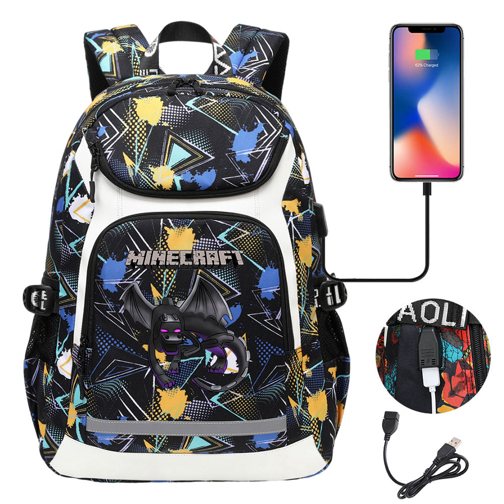 Minecraft EnderDragon USB Charging Backpack School Notebook Travel Bags