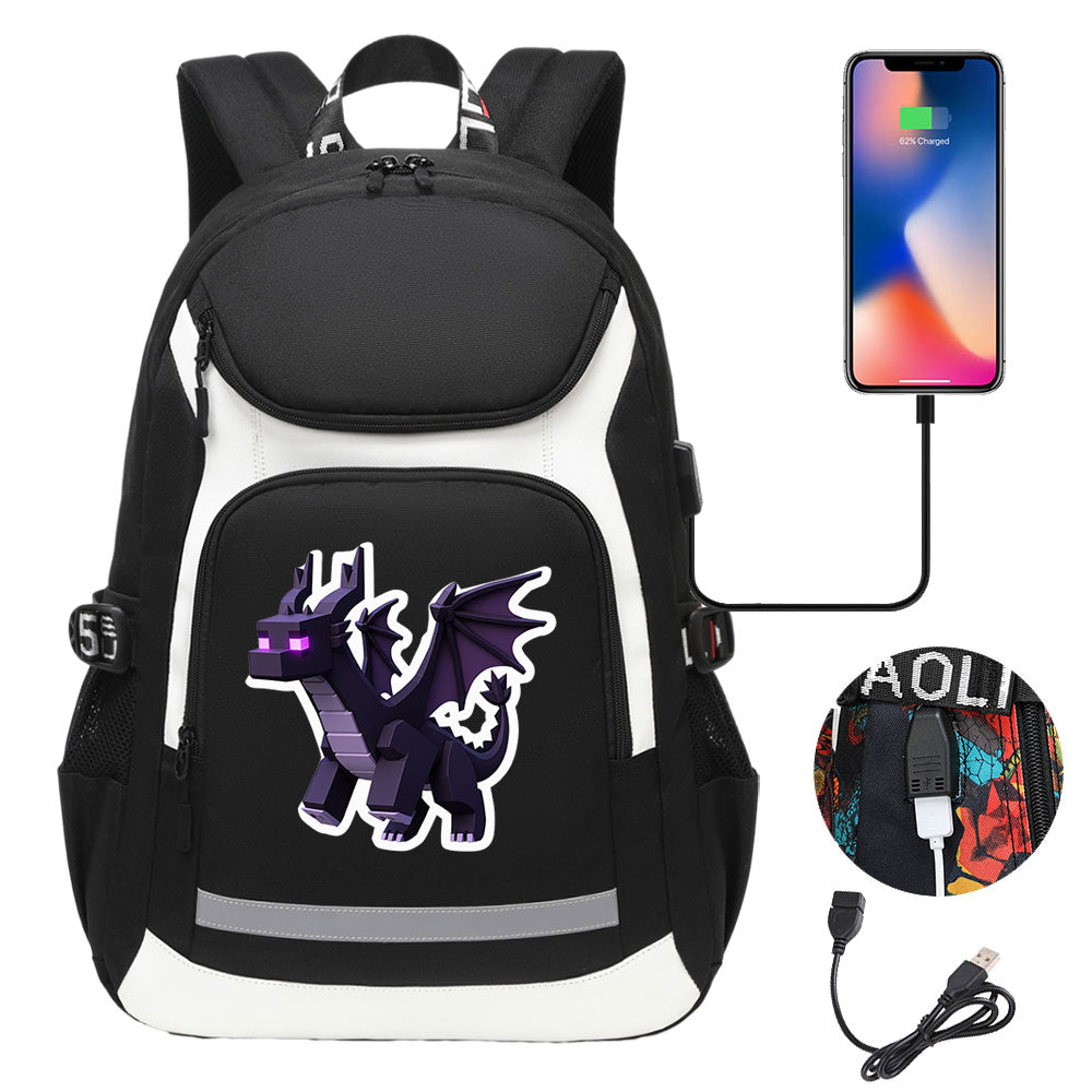 Minecraft EnderDragon USB Charging Backpack School Notebook Travel Bags