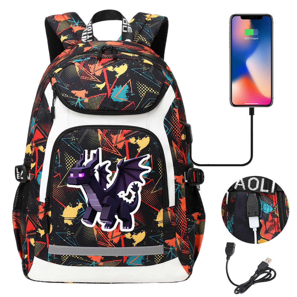 Minecraft EnderDragon USB Charging Backpack School Notebook Travel Bags