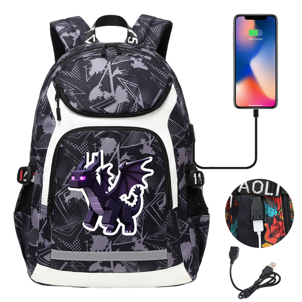 Minecraft EnderDragon USB Charging Backpack School Notebook Travel Bags