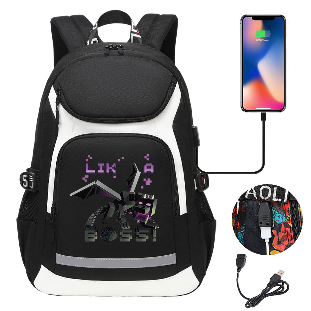 Minecraft EnderDragon USB Charging Backpack School Notebook Travel Bags
