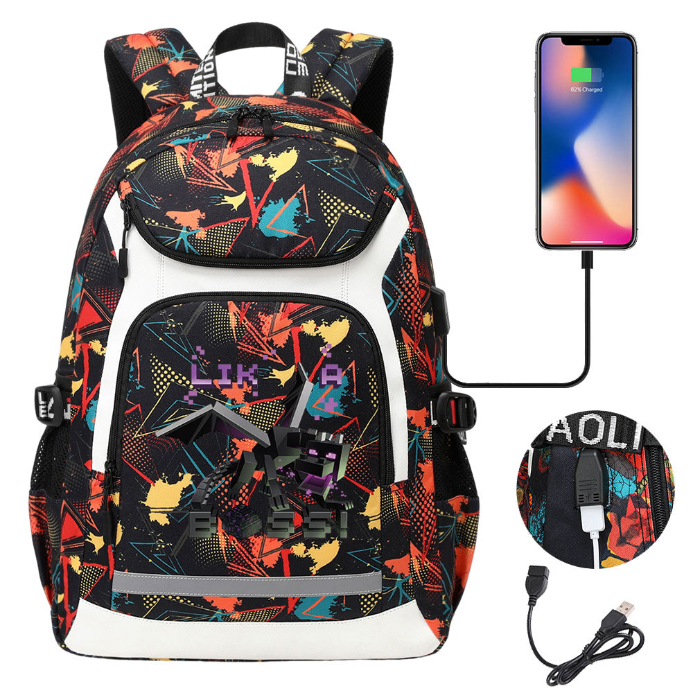 Minecraft EnderDragon USB Charging Backpack School Notebook Travel Bags