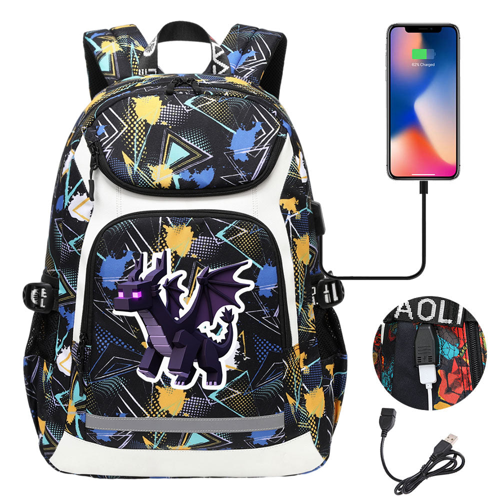 Minecraft EnderDragon USB Charging Backpack School Notebook Travel Bags