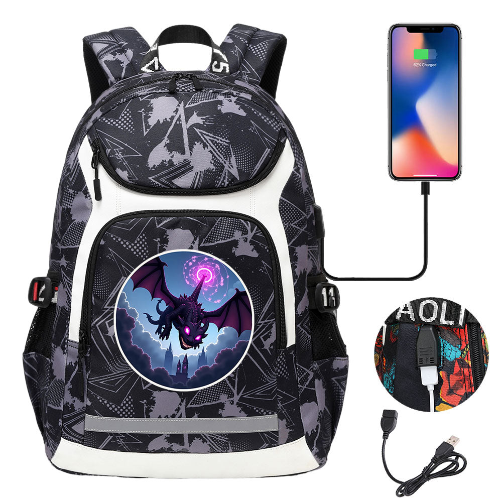 Minecraft EnderDragon USB Charging Backpack School Notebook Travel Bags