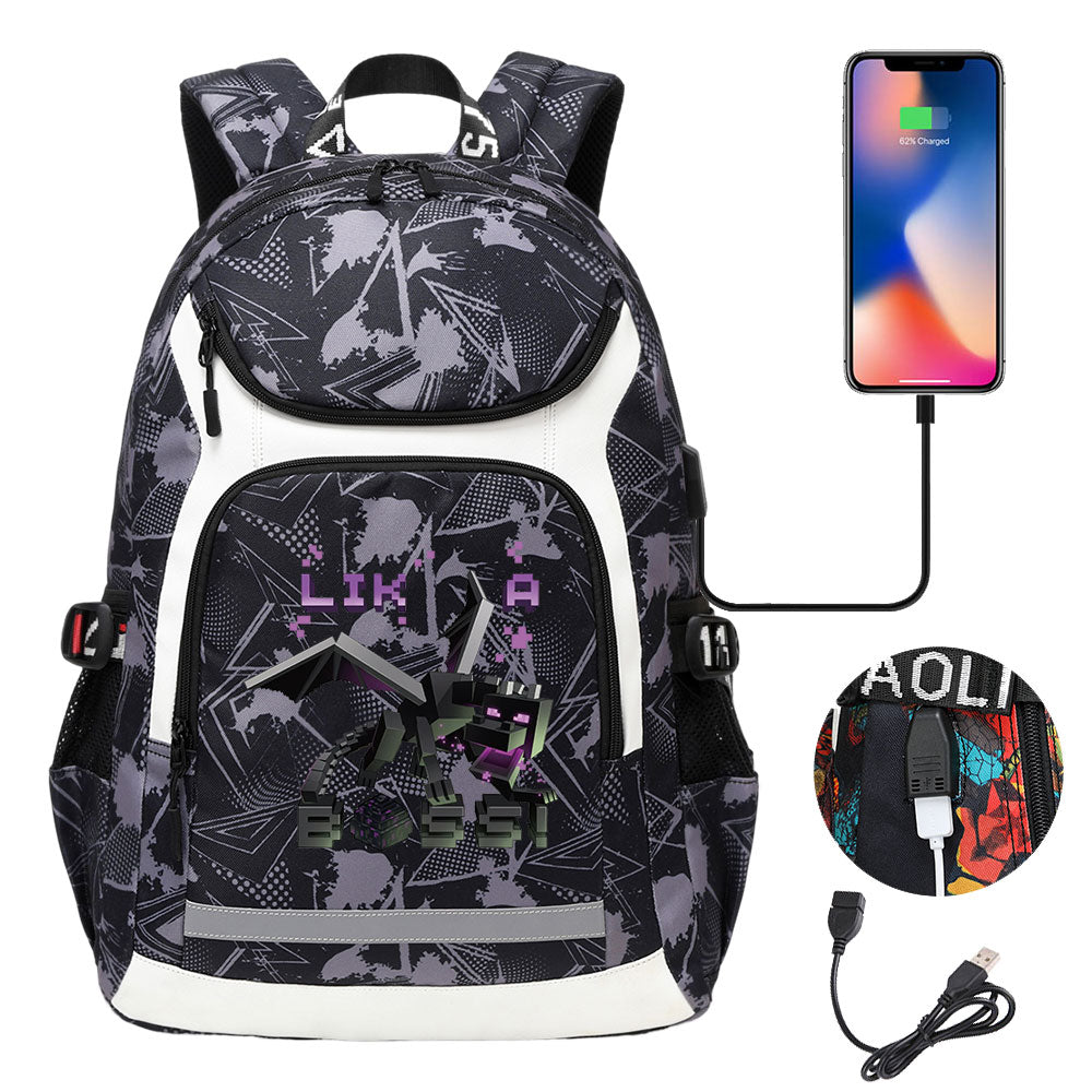 Minecraft EnderDragon USB Charging Backpack School Notebook Travel Bags