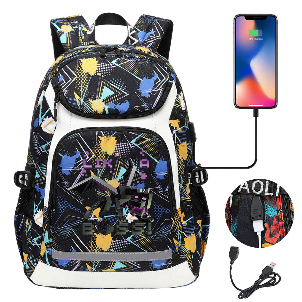 Minecraft EnderDragon USB Charging Backpack School Notebook Travel Bags