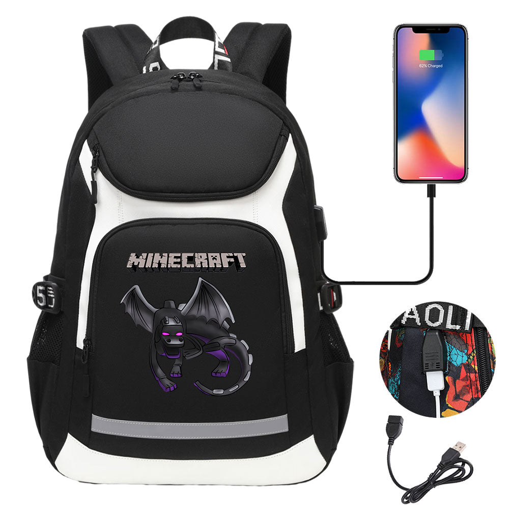 Minecraft EnderDragon USB Charging Backpack School Notebook Travel Bags