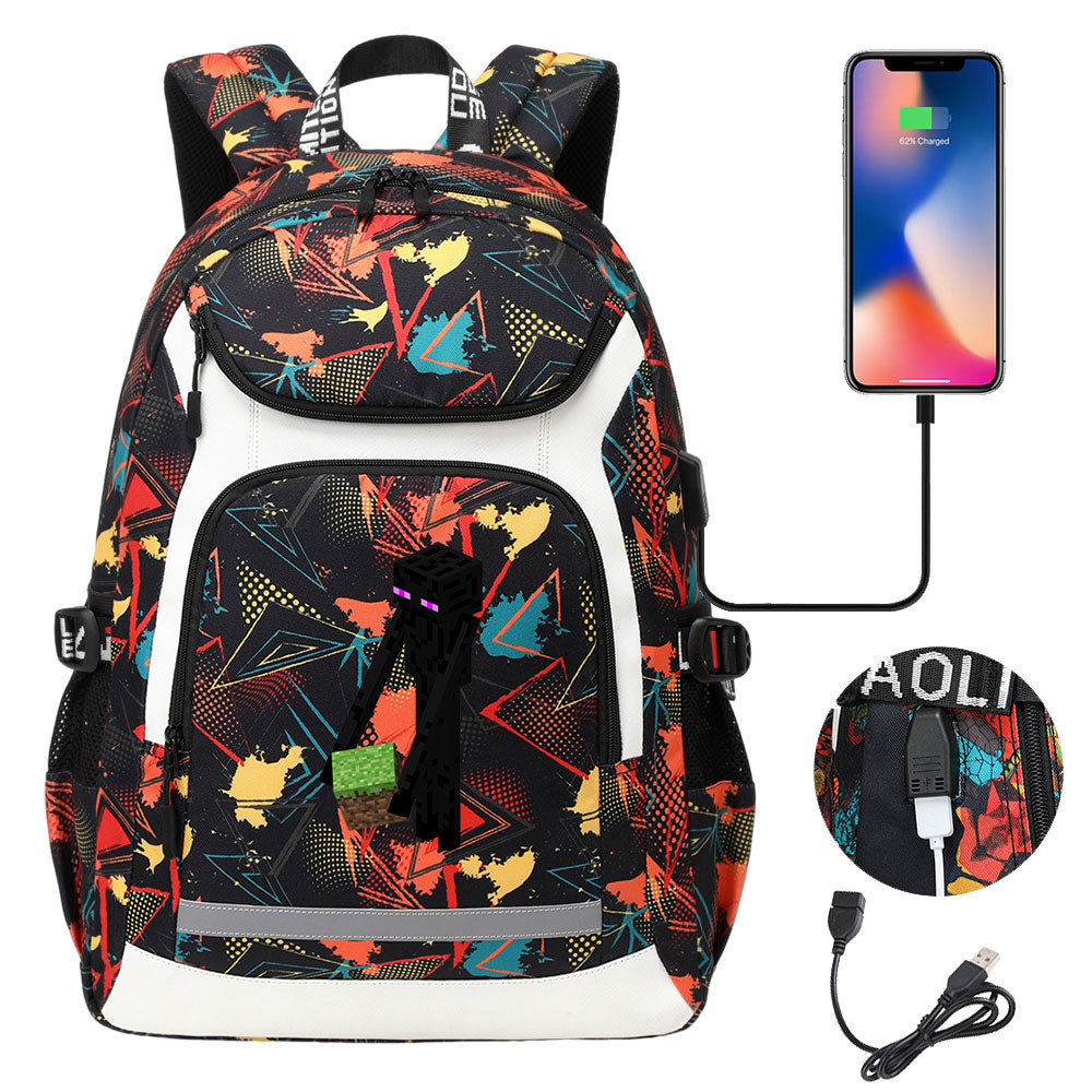 Minecraft Enderman USB Charging Backpack School Notebook Travel Bags