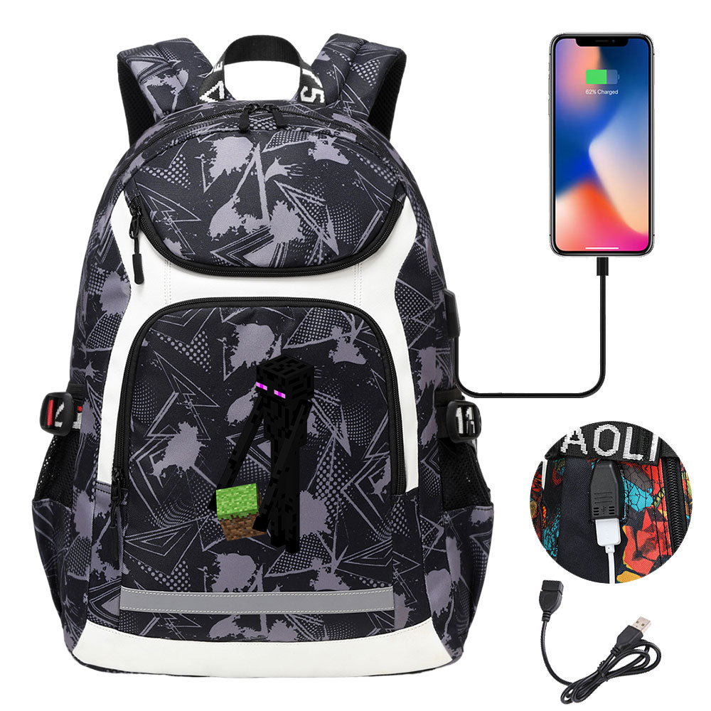 Minecraft Enderman USB Charging Backpack School Notebook Travel Bags
