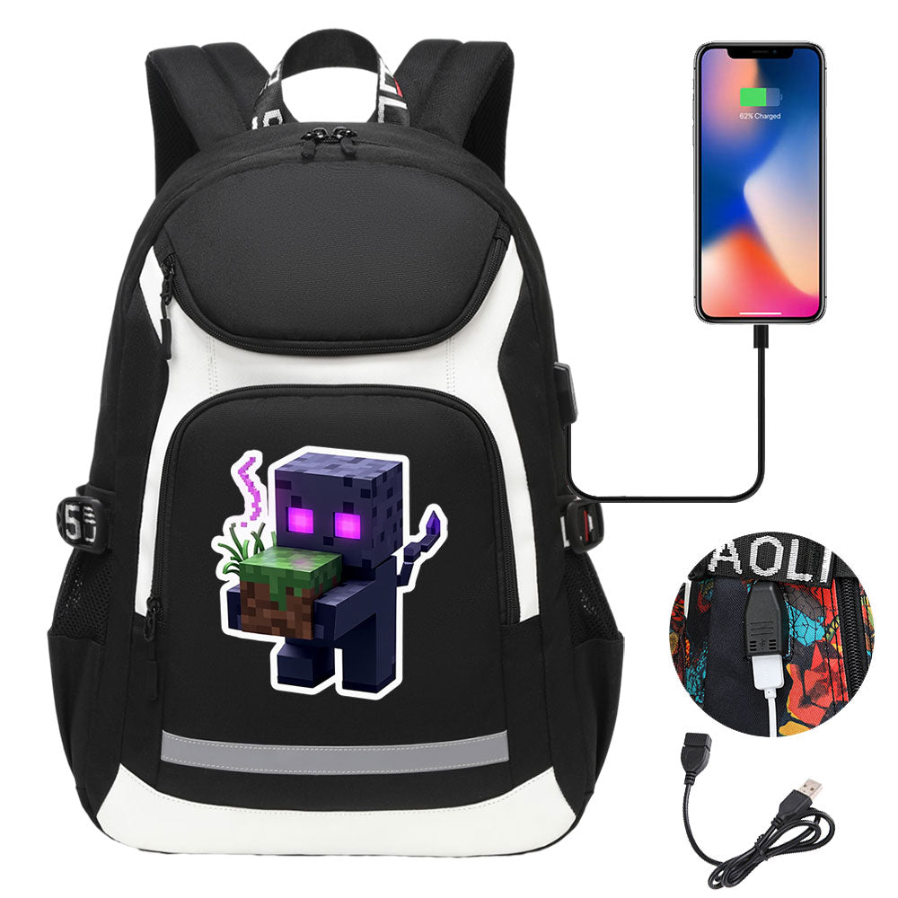Minecraft Enderman USB Charging Backpack School Notebook Travel Bags