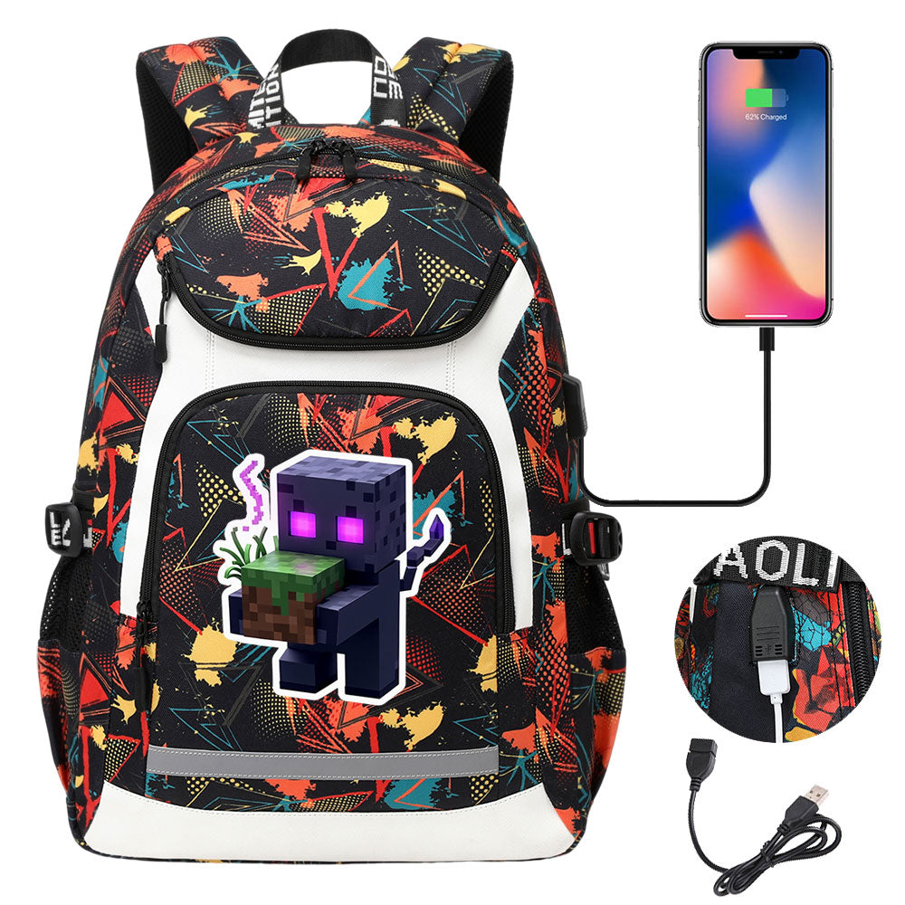 Minecraft Enderman USB Charging Backpack School Notebook Travel Bags