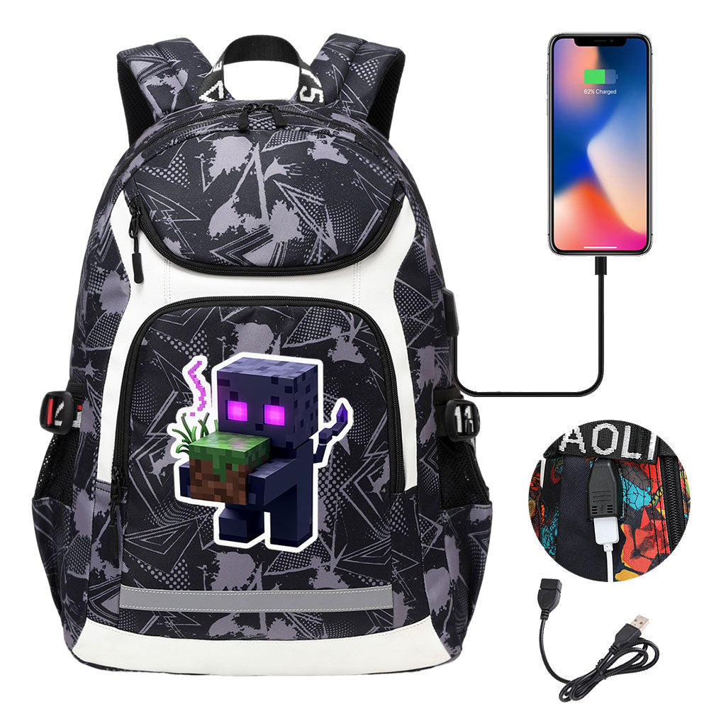 Minecraft Enderman USB Charging Backpack School Notebook Travel Bags