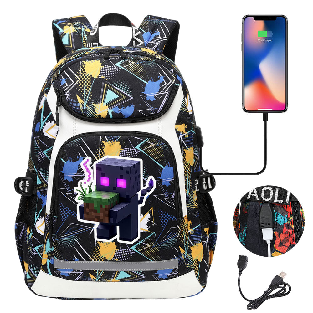 Minecraft Enderman USB Charging Backpack School Notebook Travel Bags