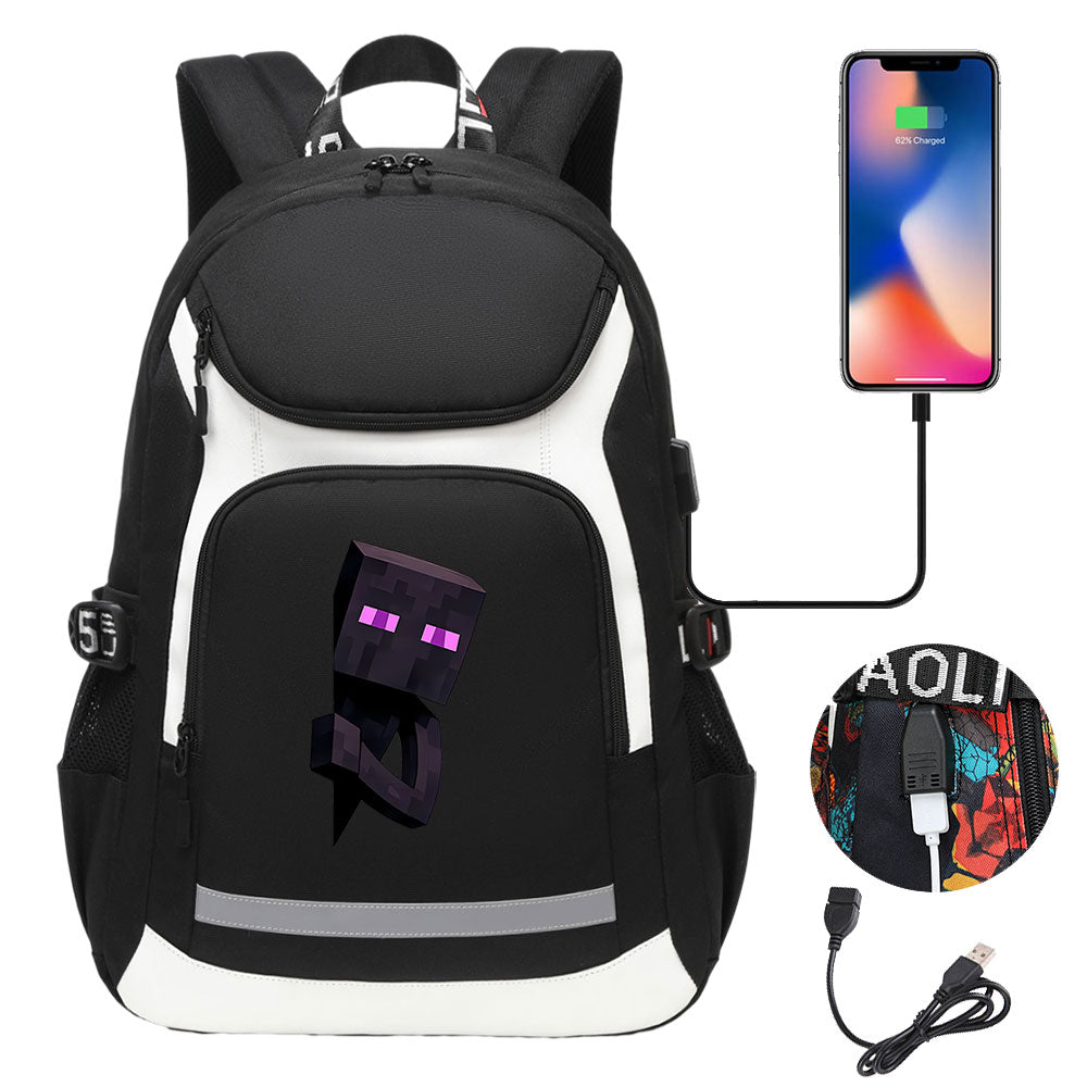 Minecraft Enderman USB Charging Backpack School Notebook Travel Bags