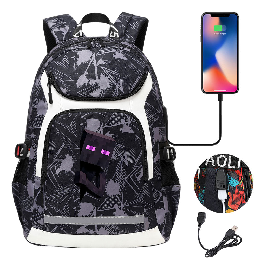 Minecraft Enderman USB Charging Backpack School Notebook Travel Bags