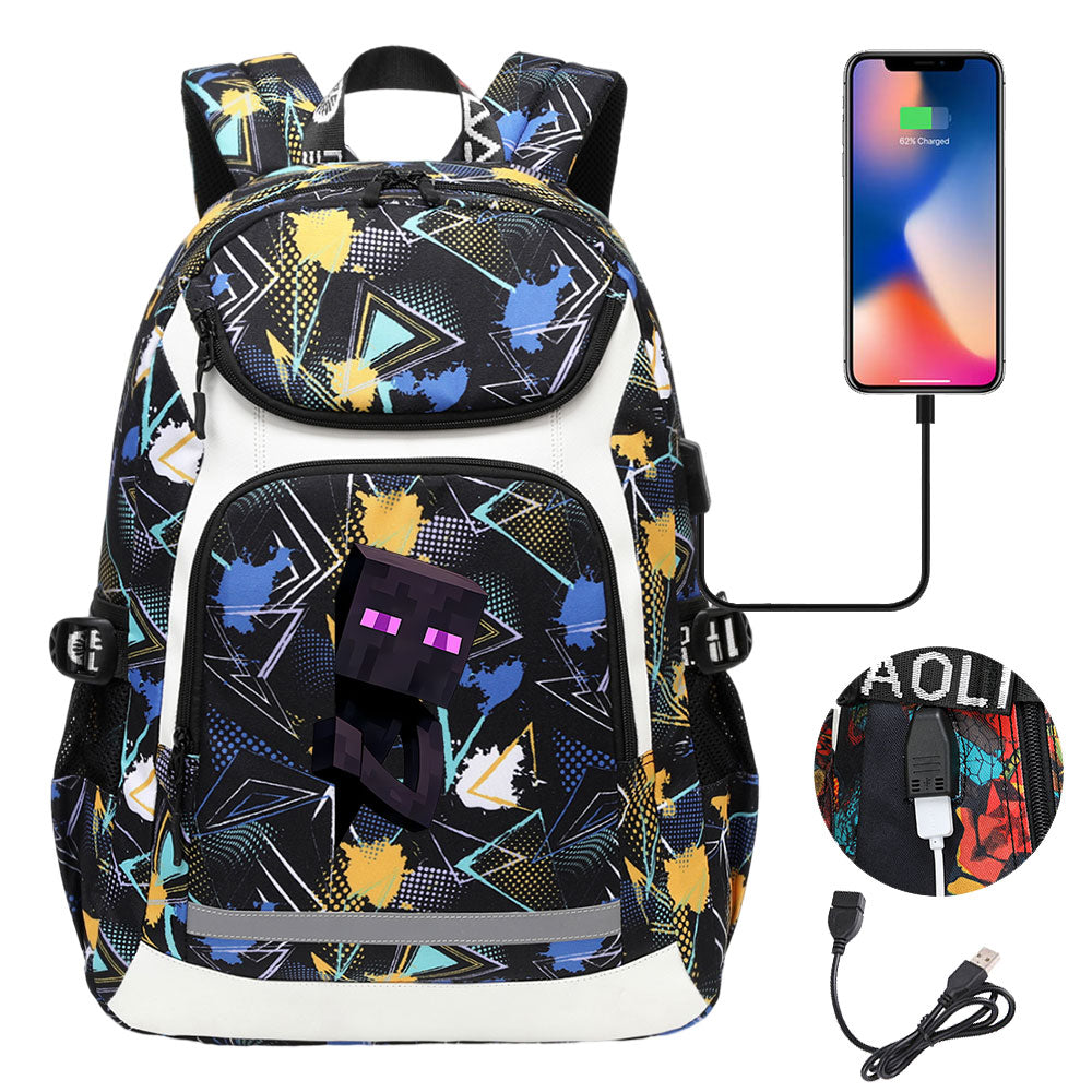 Minecraft Enderman USB Charging Backpack School Notebook Travel Bags