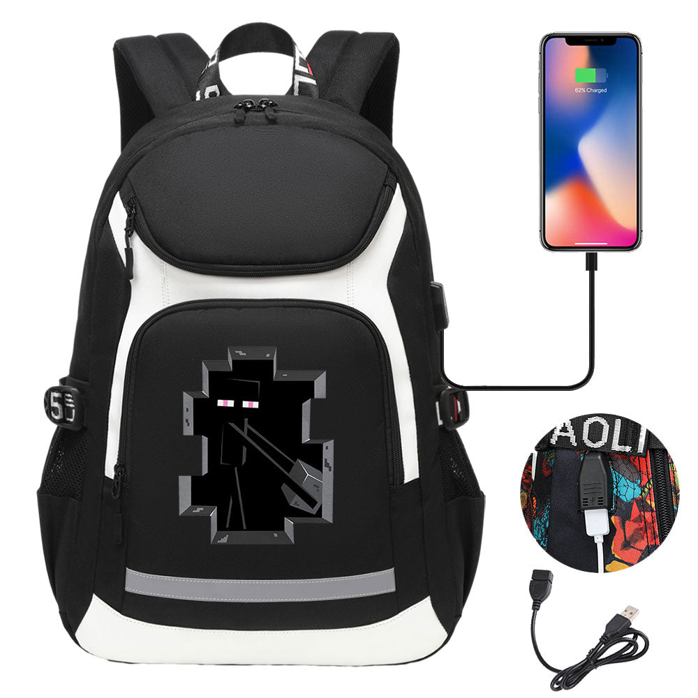 Minecraft Enderman USB Charging Backpack School Notebook Travel Bags