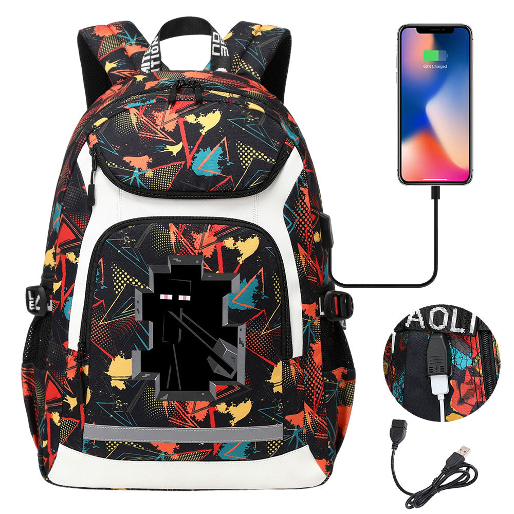 Minecraft Enderman USB Charging Backpack School Notebook Travel Bags