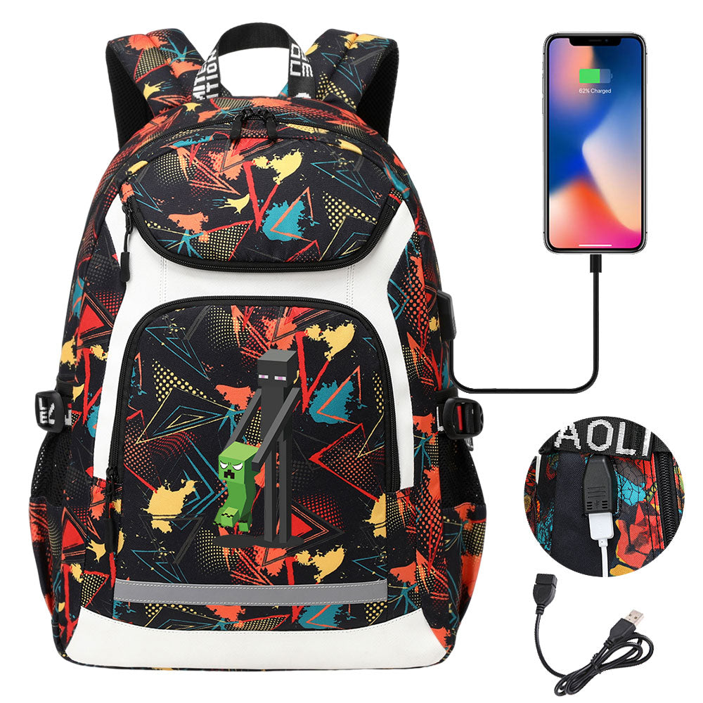 Minecraft Enderman USB Charging Backpack School Notebook Travel Bags
