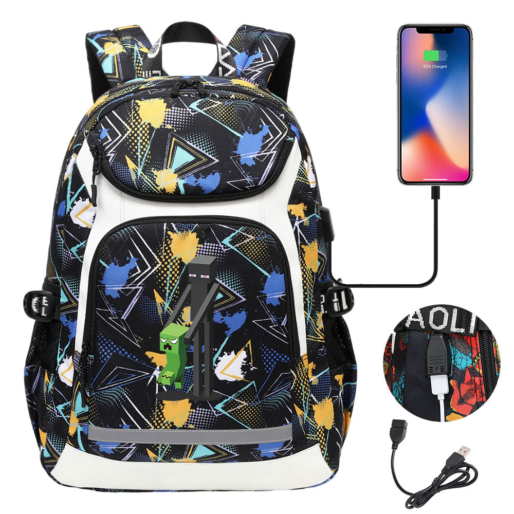 Minecraft Enderman USB Charging Backpack School Notebook Travel Bags