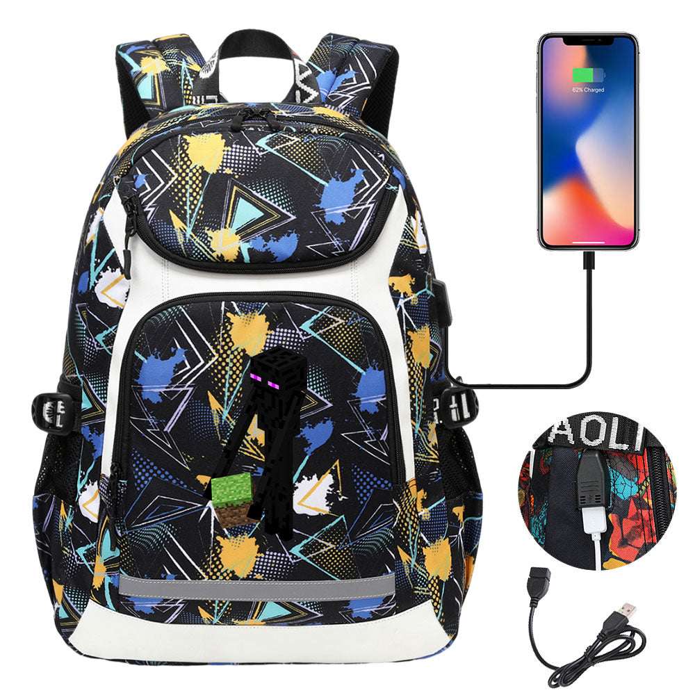 Minecraft Enderman USB Charging Backpack School Notebook Travel Bags