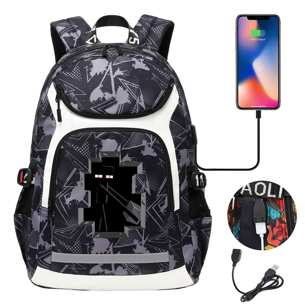 Minecraft Enderman USB Charging Backpack School Notebook Travel Bags