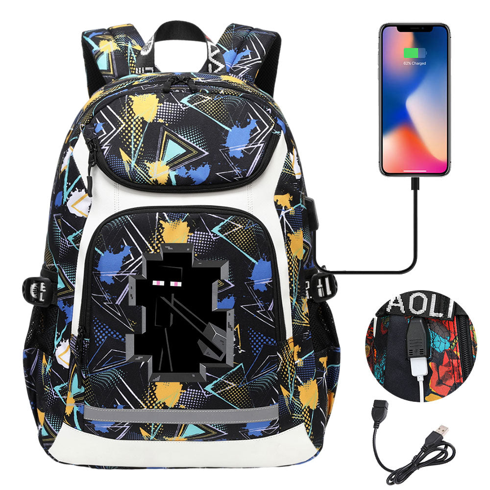 Minecraft Enderman USB Charging Backpack School Notebook Travel Bags