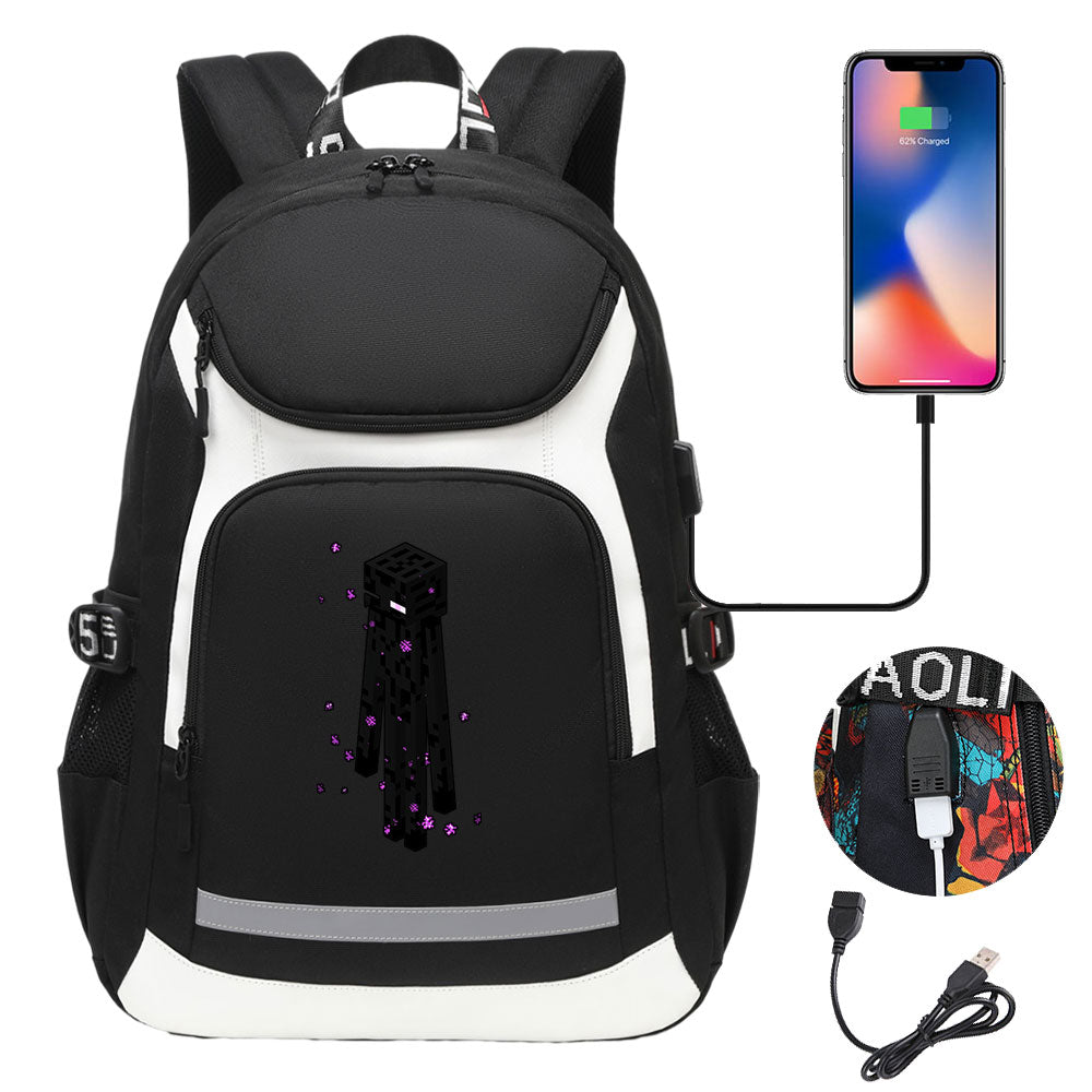 Minecraft Enderman USB Charging Backpack School Notebook Travel Bags