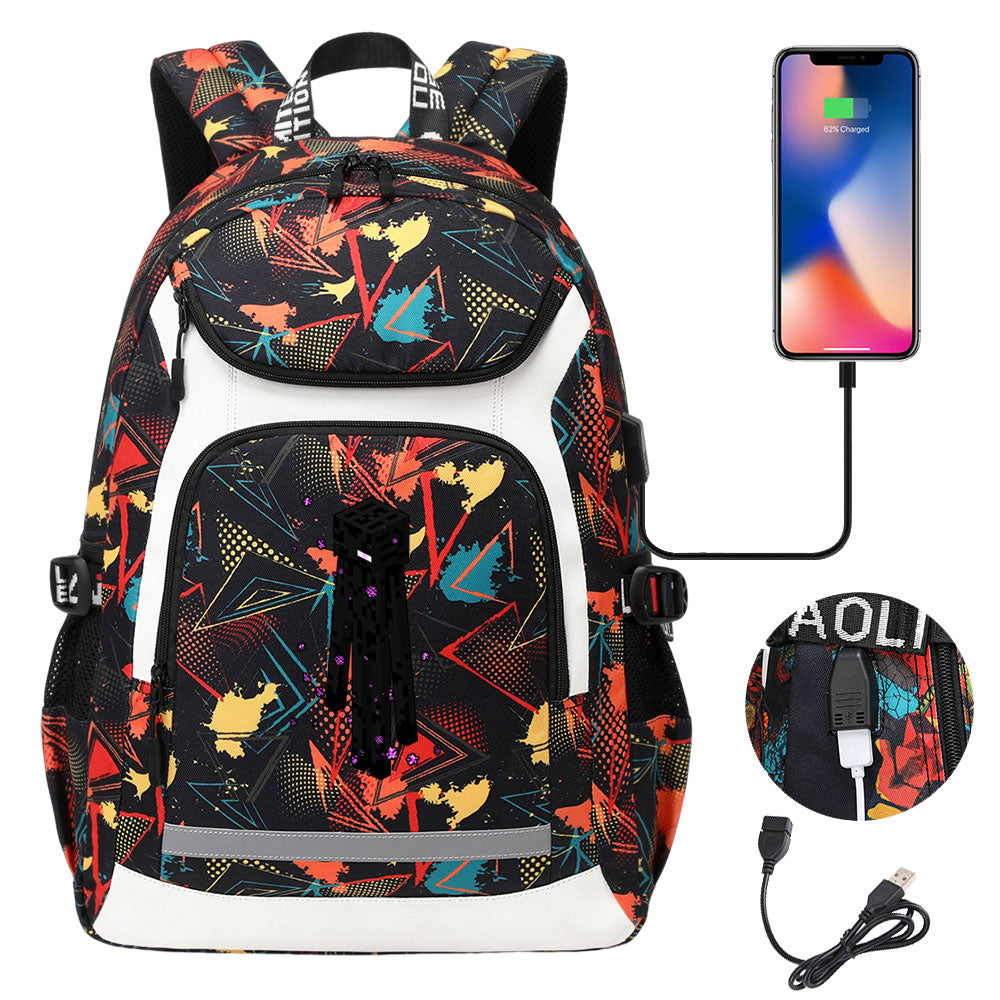 Minecraft Enderman USB Charging Backpack School Notebook Travel Bags