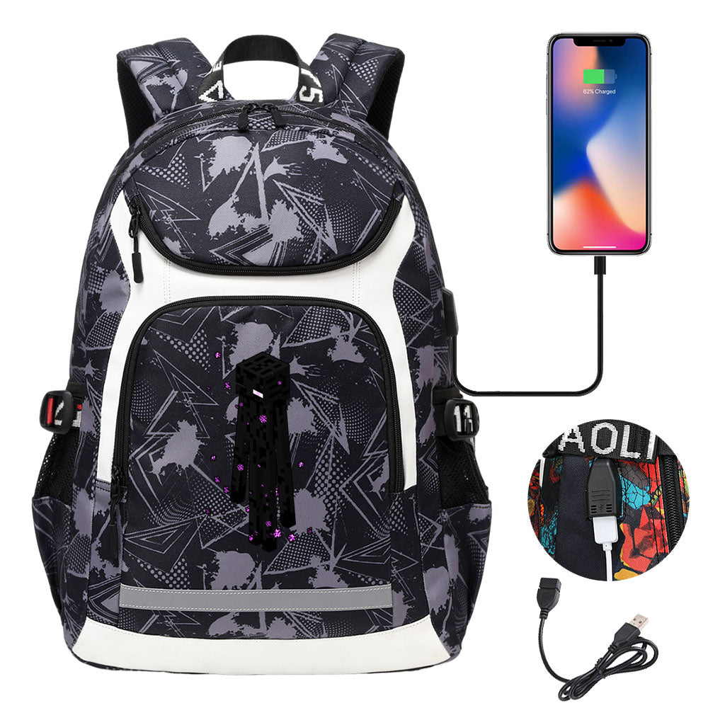 Minecraft Enderman USB Charging Backpack School Notebook Travel Bags