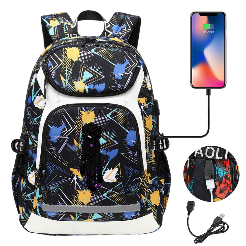 Minecraft Enderman USB Charging Backpack School Notebook Travel Bags