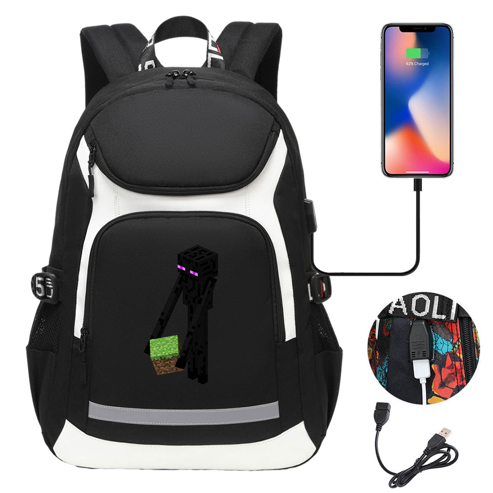 Minecraft Enderman USB Charging Backpack School Notebook Travel Bags