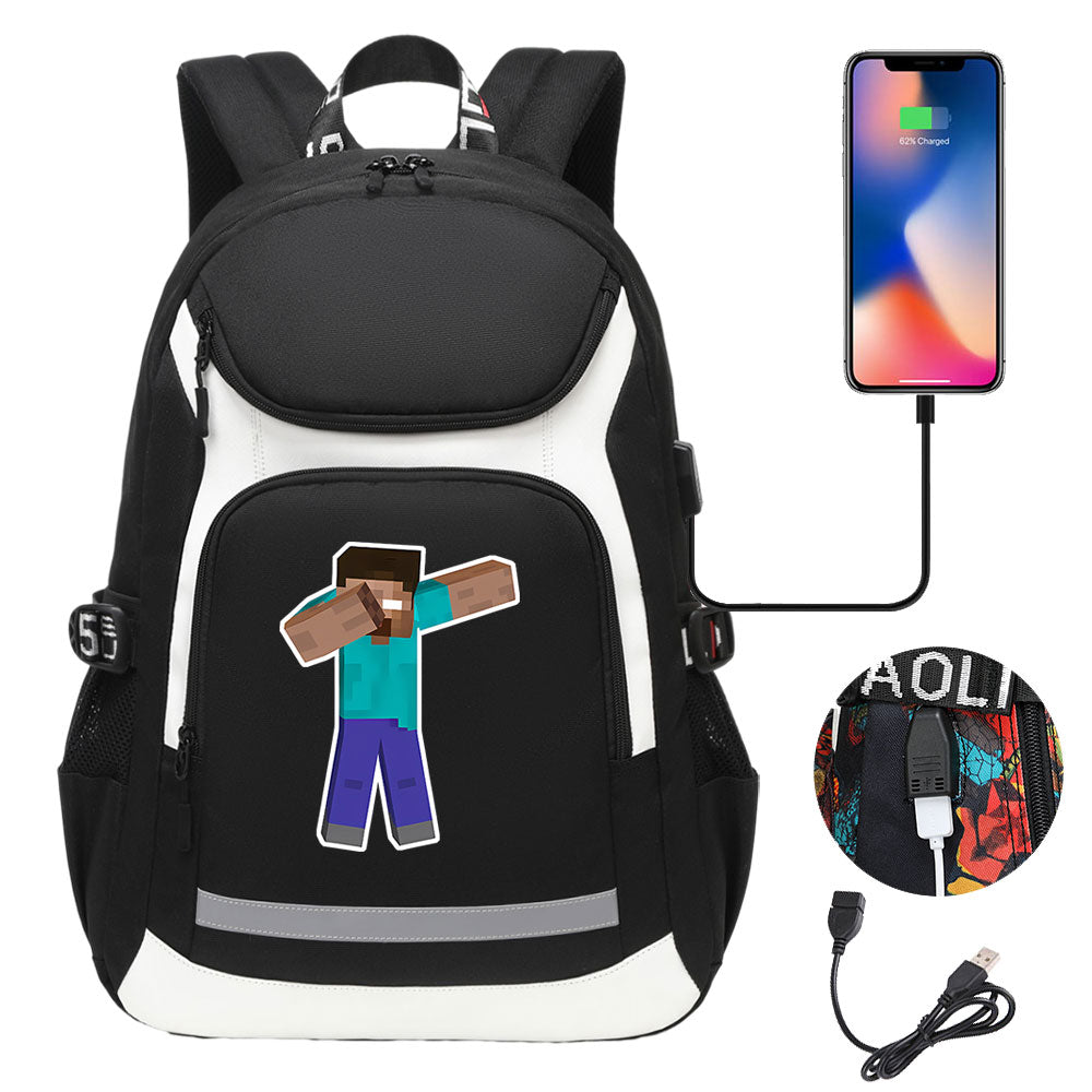 Minecraft Steve USB Charging Backpack School Notebook Travel Bags