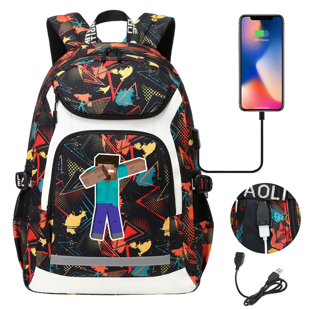 Minecraft Steve USB Charging Backpack School Notebook Travel Bags