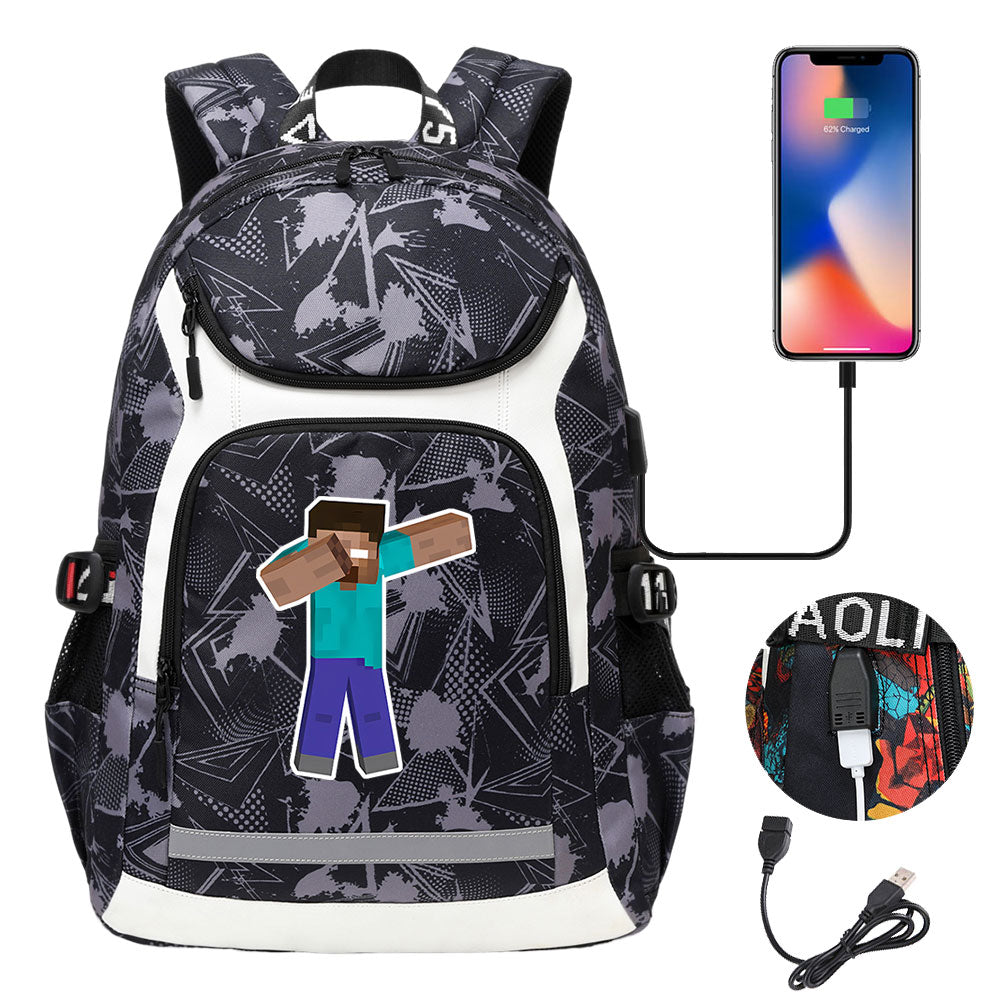 Minecraft Steve USB Charging Backpack School Notebook Travel Bags
