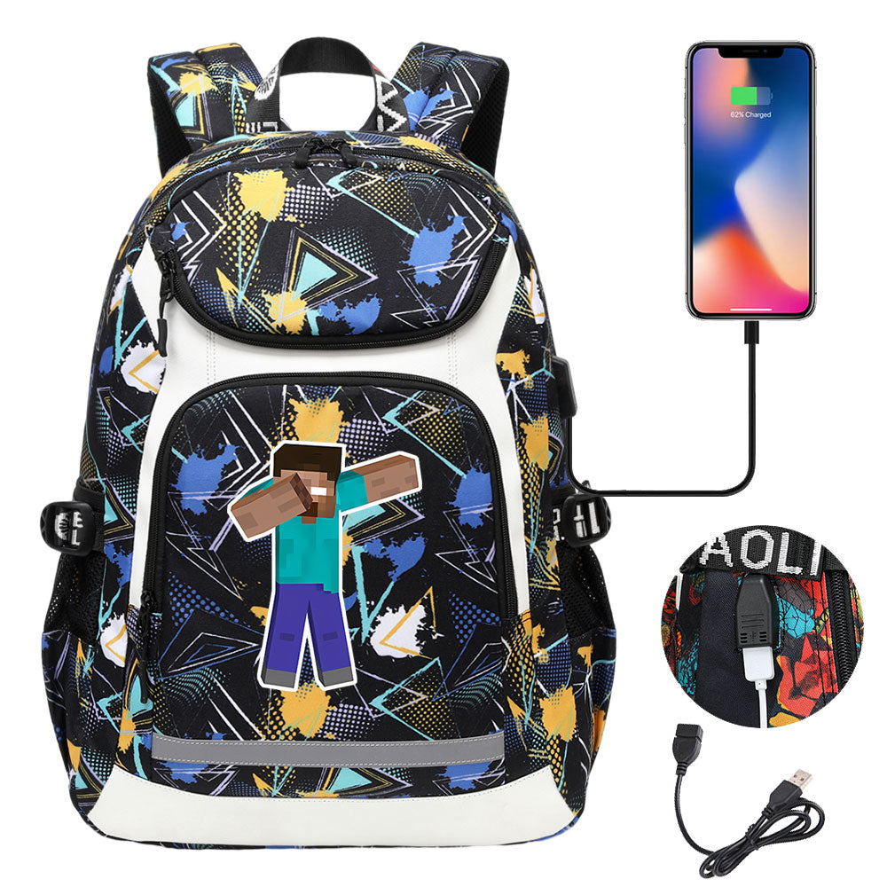 Minecraft Steve USB Charging Backpack School Notebook Travel Bags