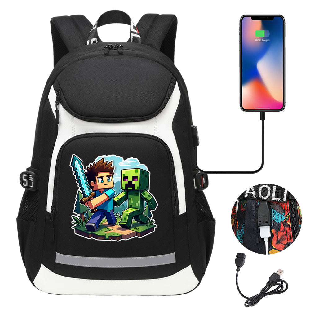 Minecraft Steve USB Charging Backpack School Notebook Travel Bags