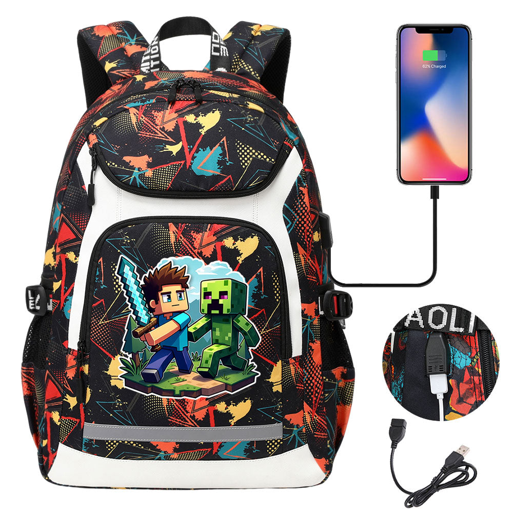 Minecraft Steve USB Charging Backpack School Notebook Travel Bags
