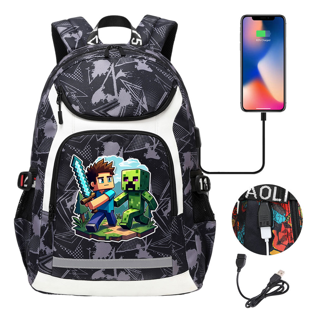 Minecraft Steve USB Charging Backpack School Notebook Travel Bags