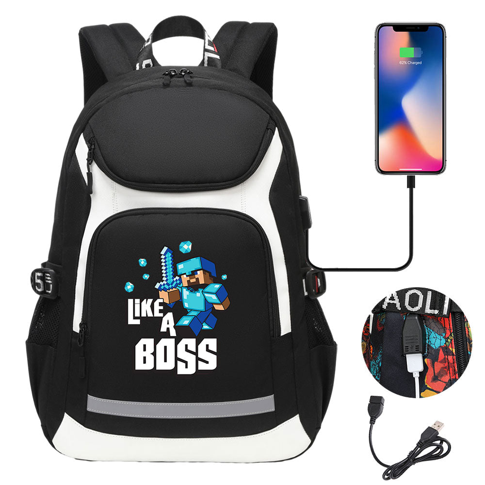 Minecraft Steve USB Charging Backpack School Notebook Travel Bags