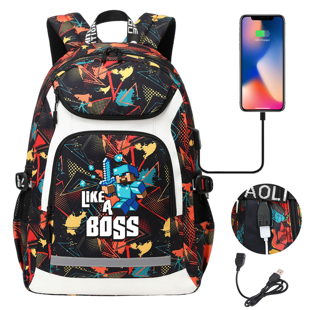 Minecraft Steve USB Charging Backpack School Notebook Travel Bags